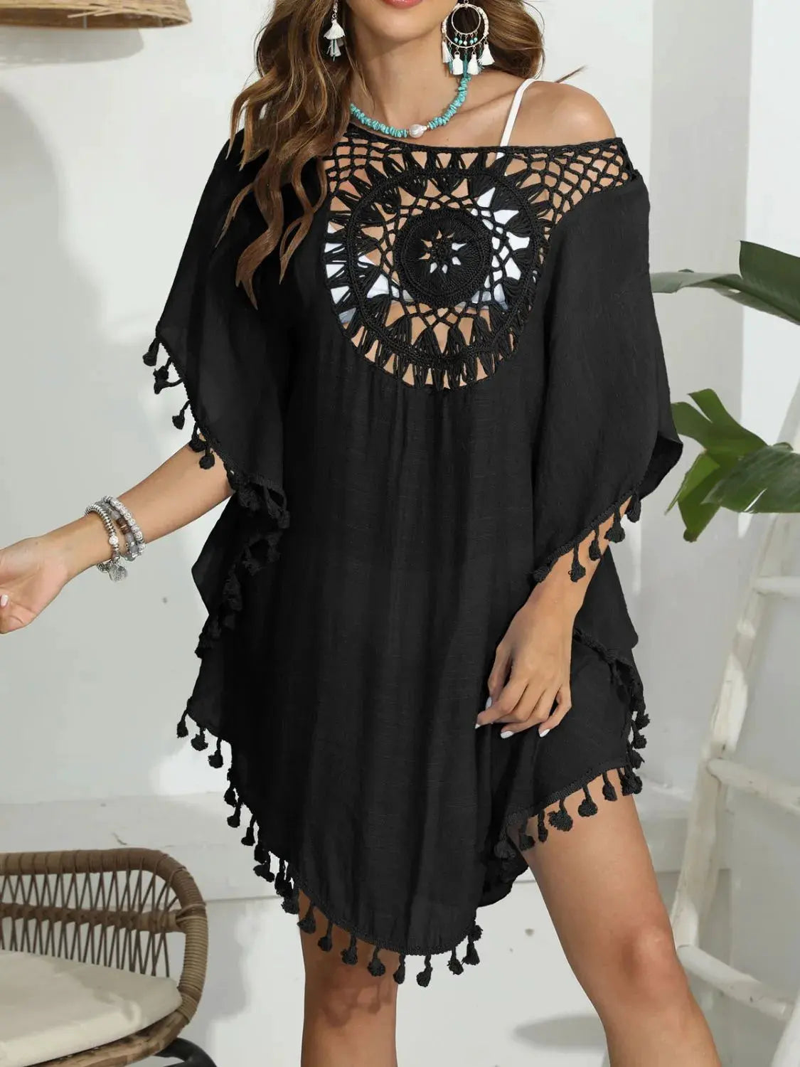 Tassel Crochet Round Neck Cover-Up by Partner Labels