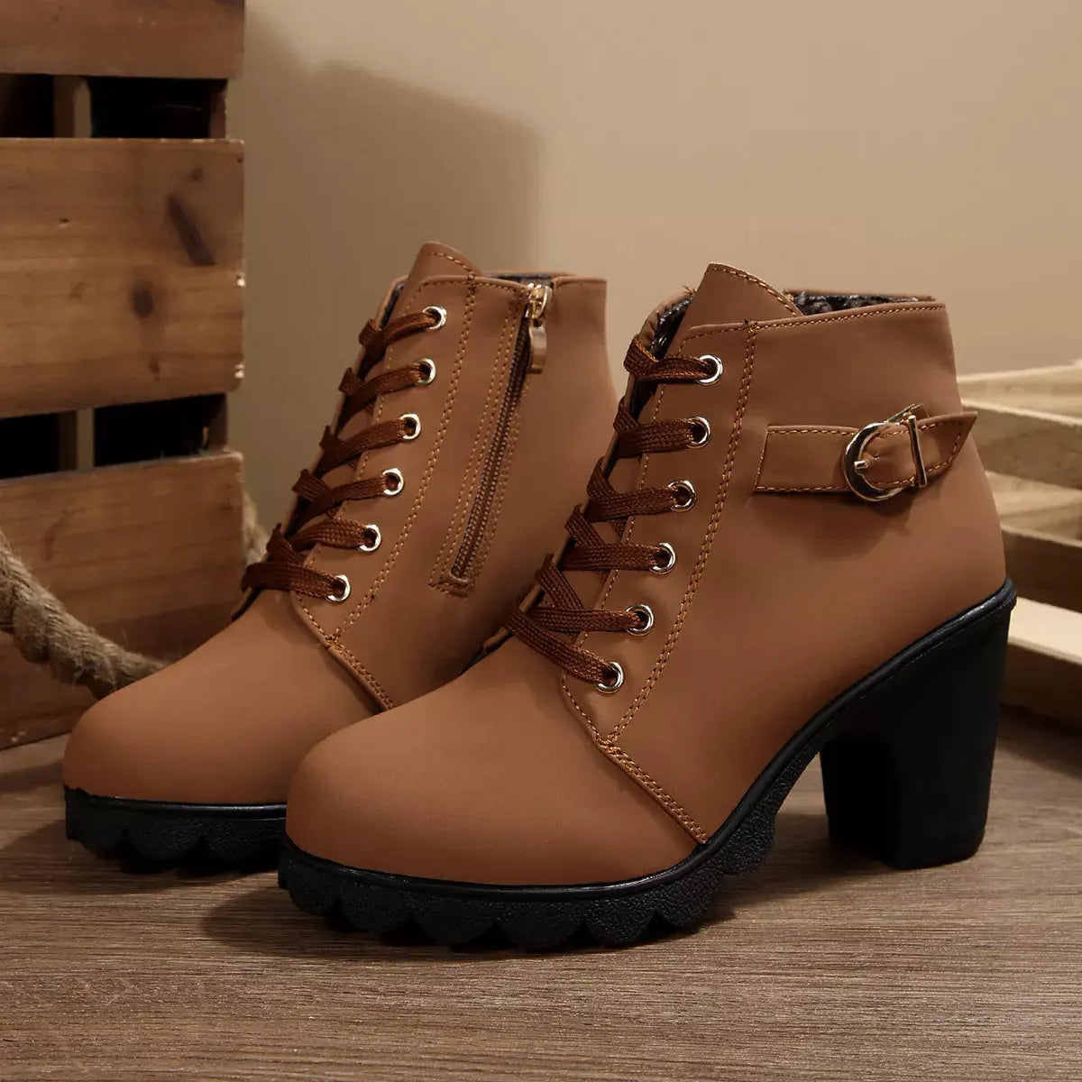 Lace Up Block Heels Boots by Partner Label