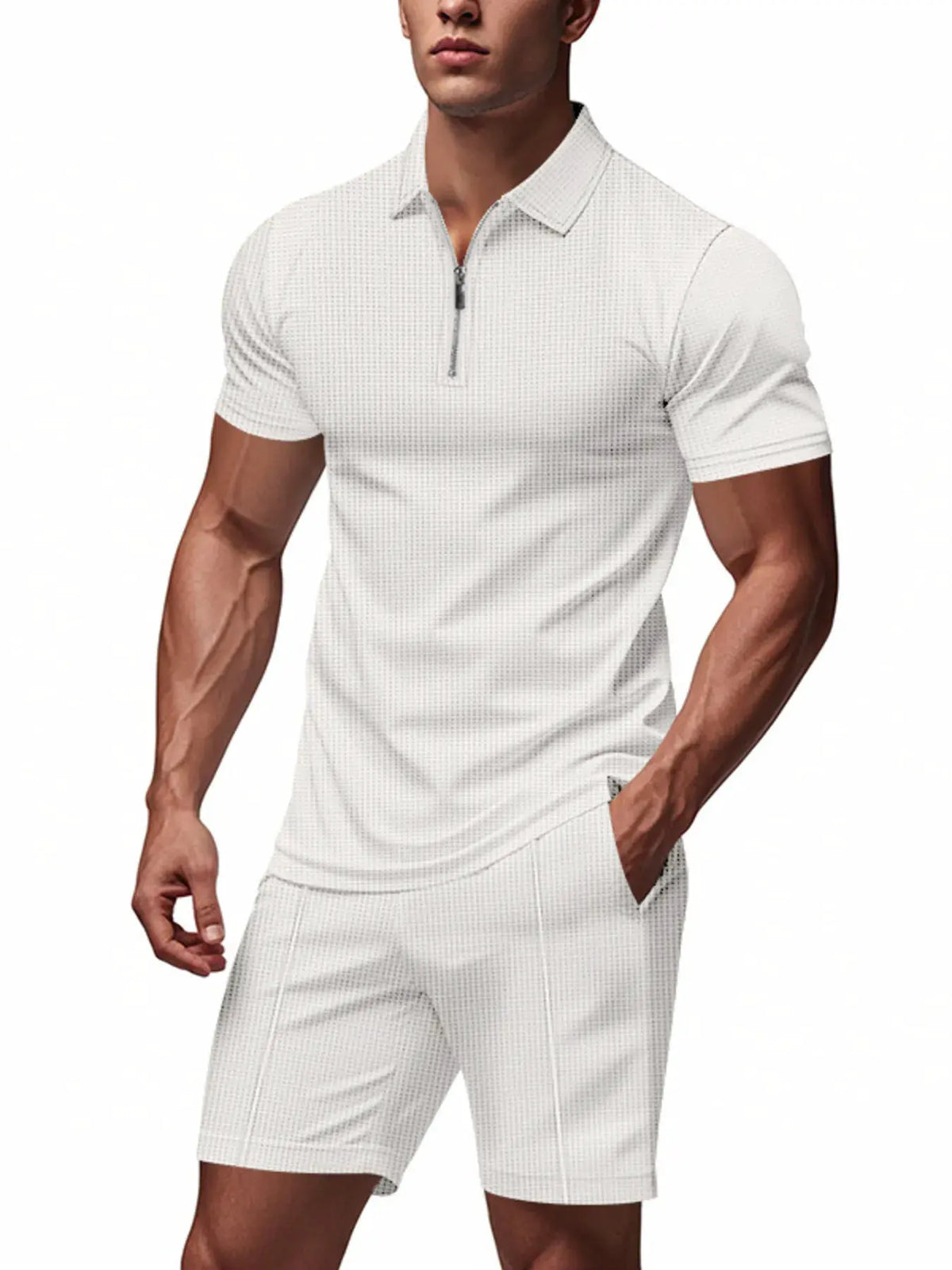 Men's Plus Size Quarter Zip Short Sleeve Top and Shorts Set by Trendsi