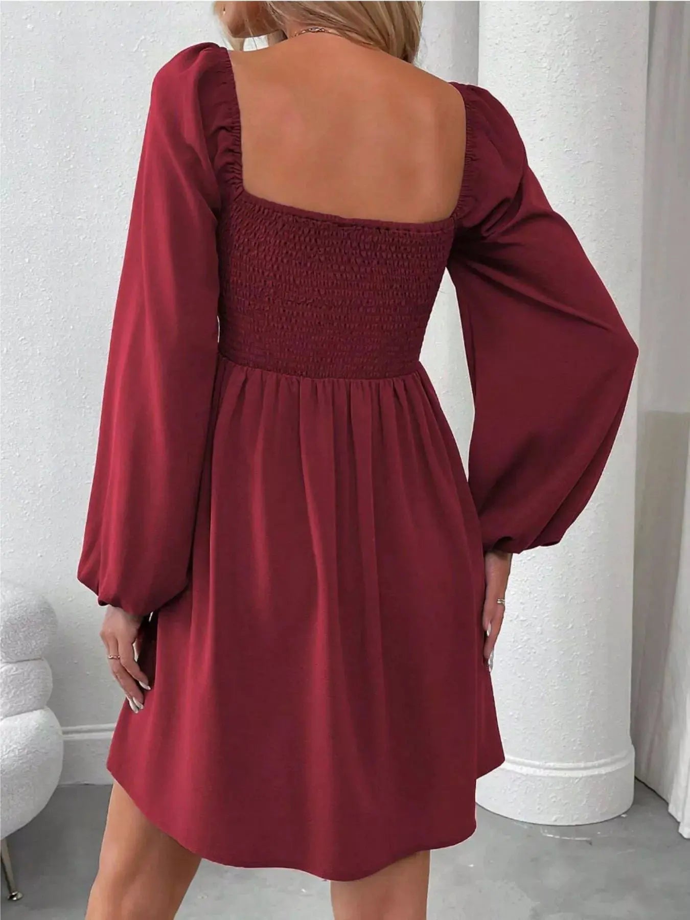 Ruched Square Neck Long Sleeve A-Line Dress by Partner Label