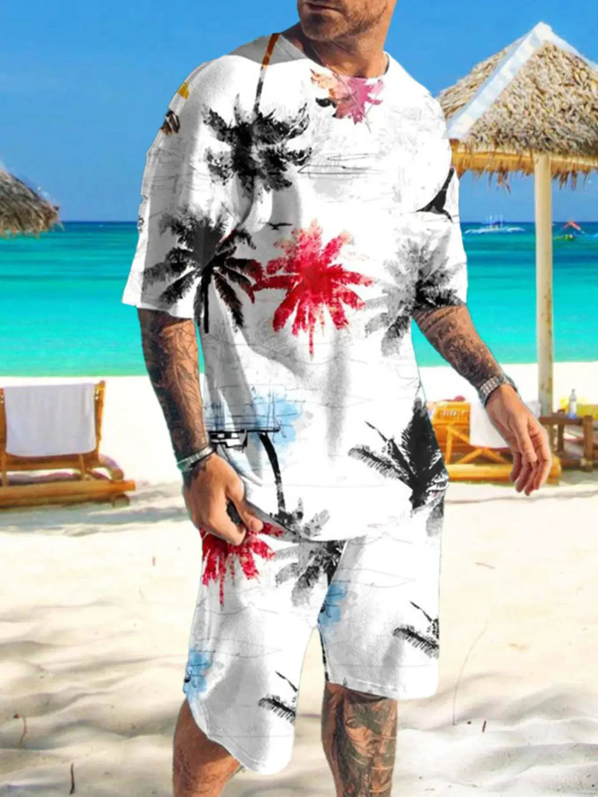 Men's Full Size Printed Short Sleeve Tee and Shorts Set Plus Size by Trendsi