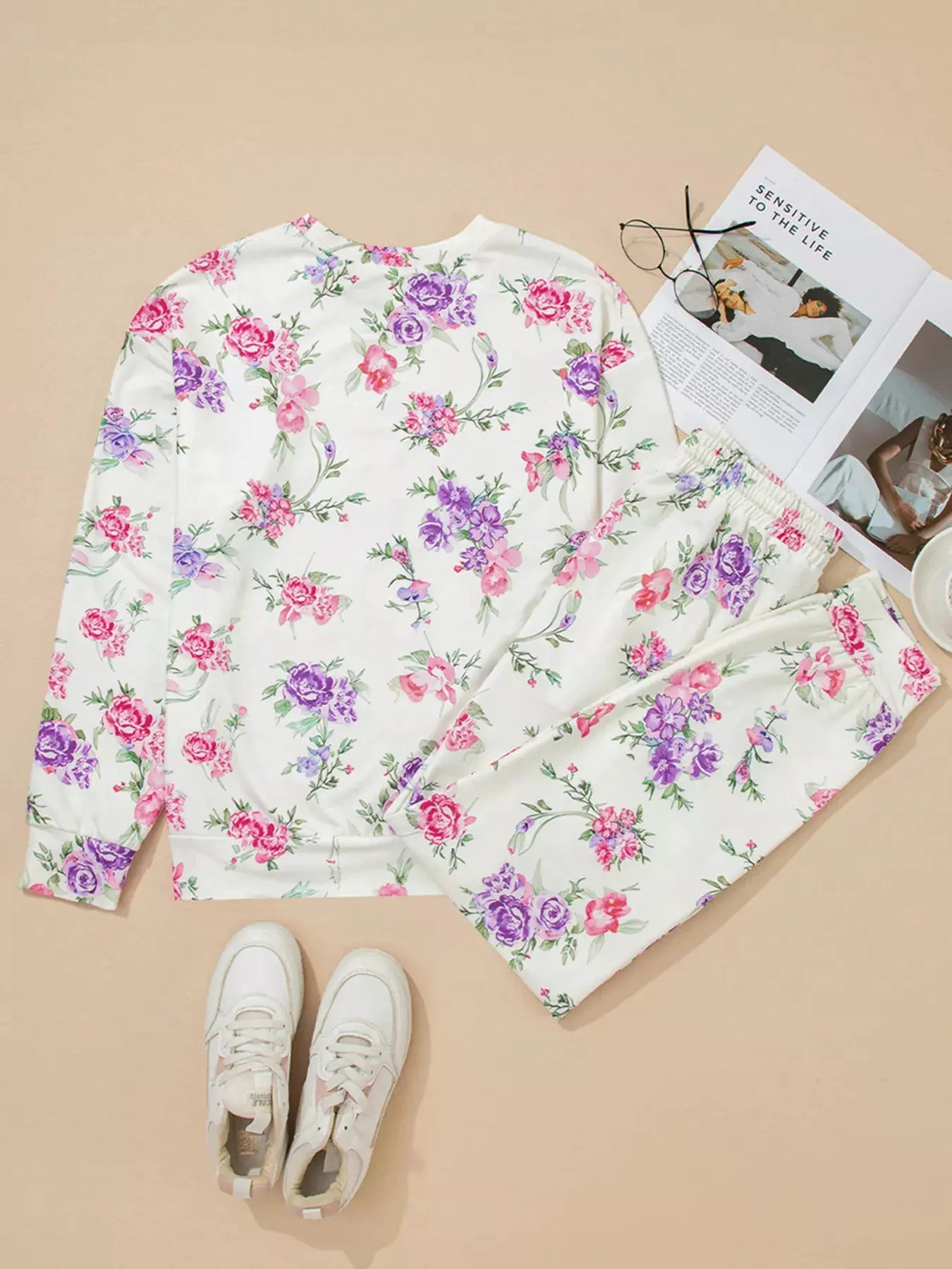 Floral Print Round Neck Top and Drawstring Pants Lounge Set by Partner Label
