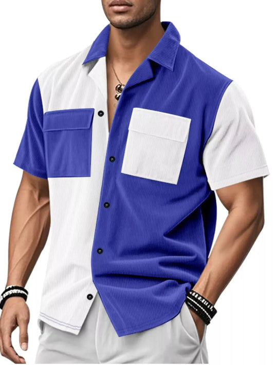 Men's Full Size Color Block Corduroy Short Sleeve Shirt Plus Size by Trendsi