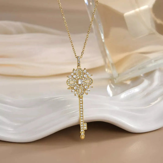 18K Gold-Plated Zircon Key Pendant Necklace by Partner Label