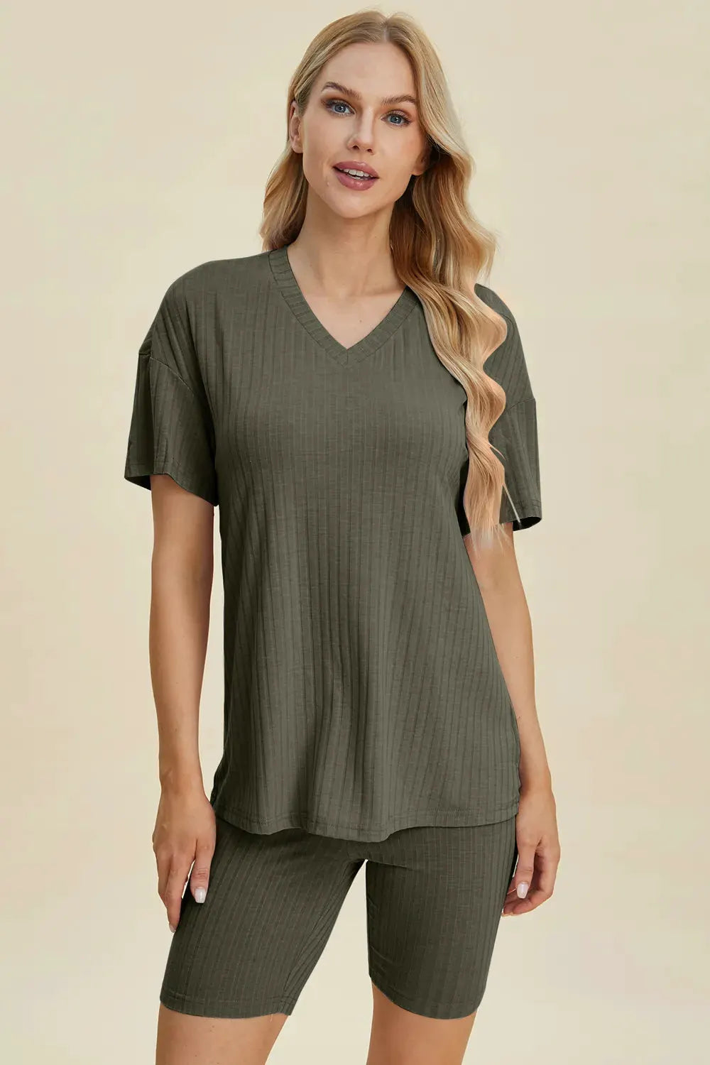 Basic Bae Full Size Ribbed V-Neck Short Sleeve Top and Shorts Set by Basic Bae