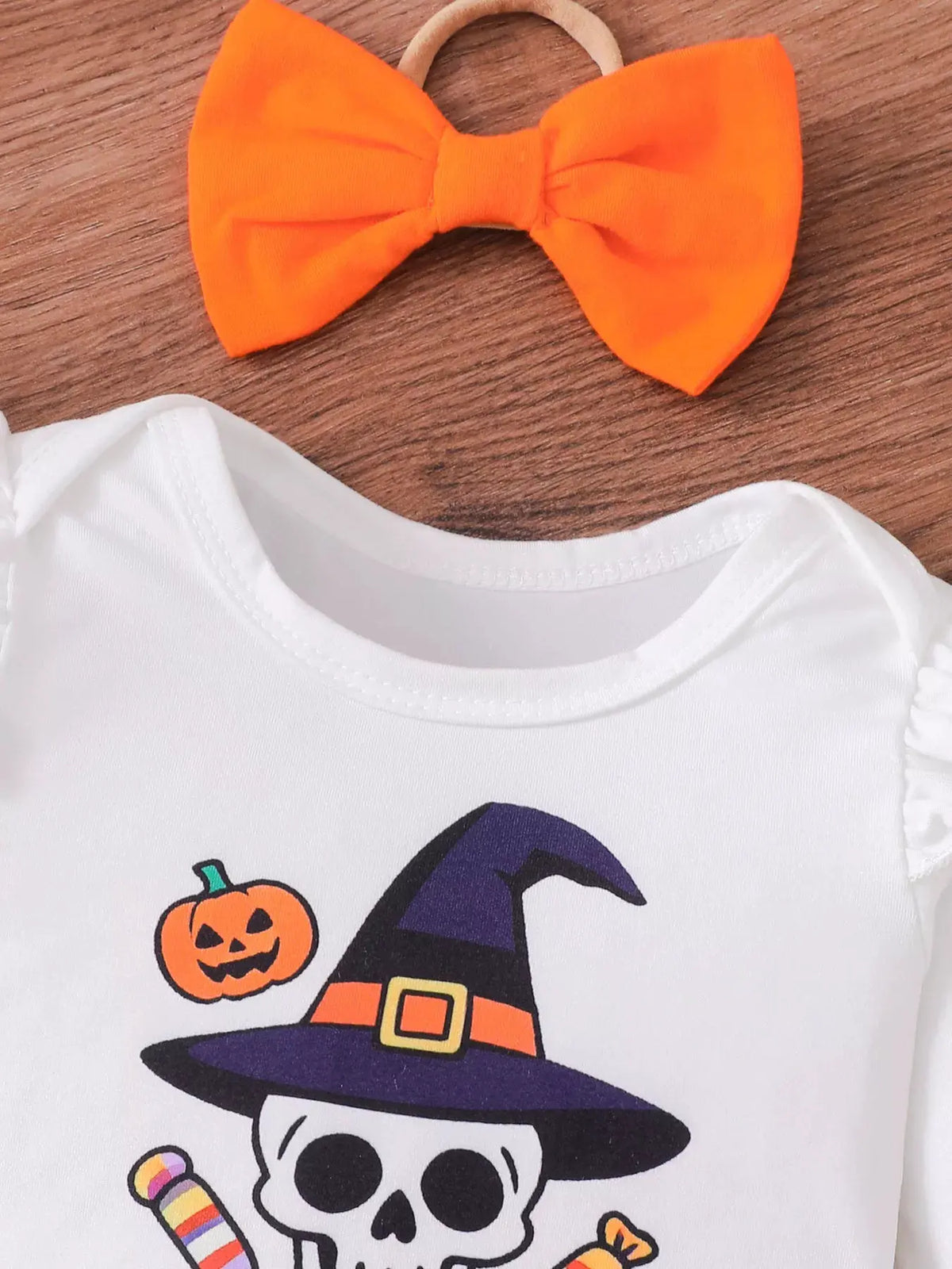Children's Halloween Skull Print Long Sleeve Bodysuit and Pants Set with Bow Headband by Trendsi