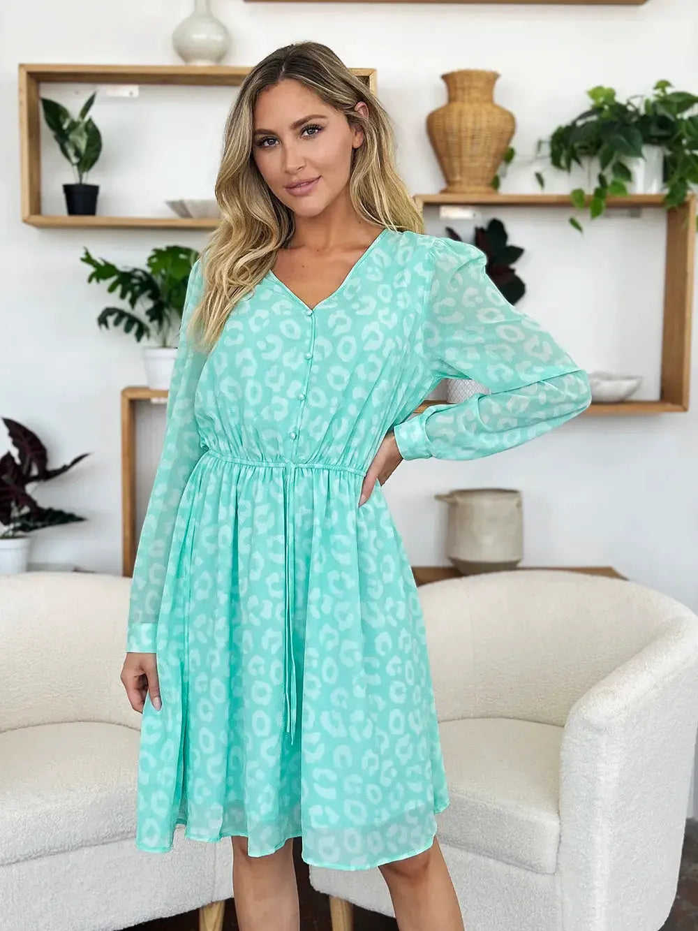 Double Take Full Size Printed Ruched V-Neck Long Sleeve Dress by Double Take