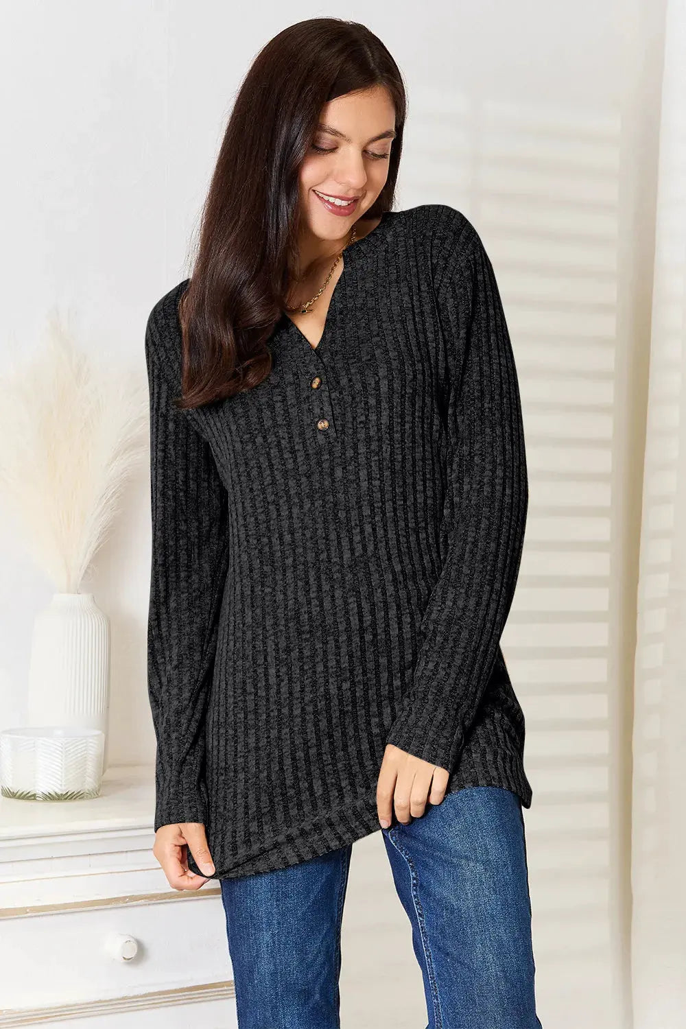 Double Take Notched Neck Ribbed Long Sleeve T-Shirt by Double Take