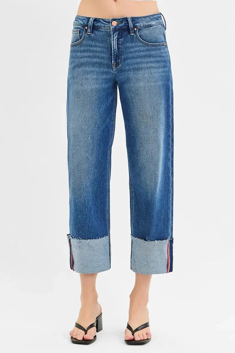 RISEN Full Size Tummy Control Mid Rise Crop Wide Cuffed Jeans Plus Size by RISEN