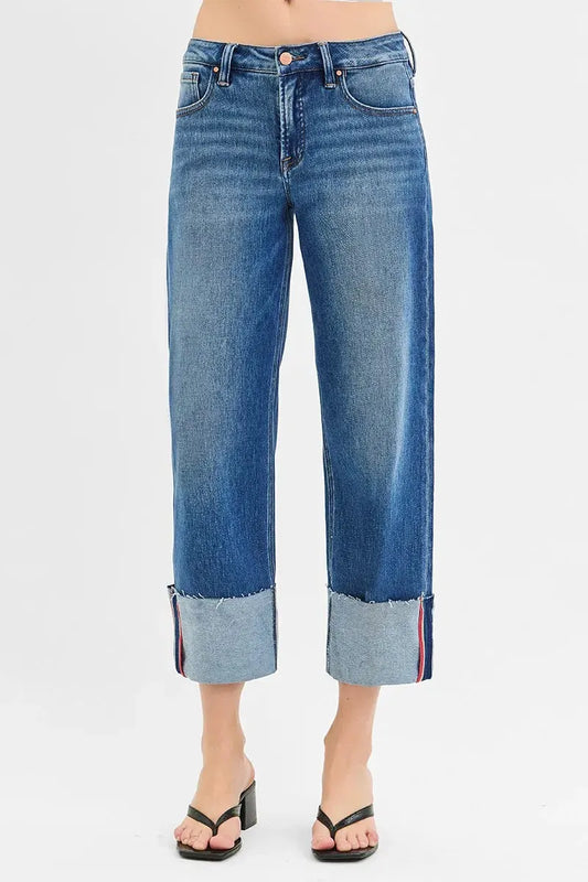 RISEN Full Size Tummy Control Mid Rise Crop Wide Cuffed Jeans Plus Size by RISEN