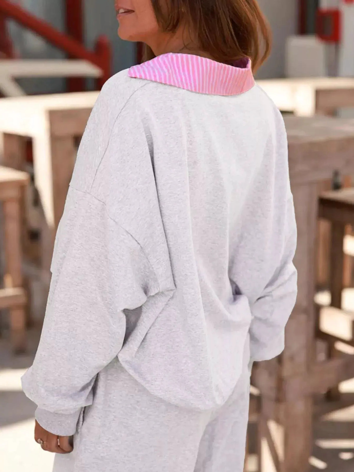 Contrasted Trim Frilled Collar Drop Shoulder Top and Drawstring Pant Set by Partner Labels