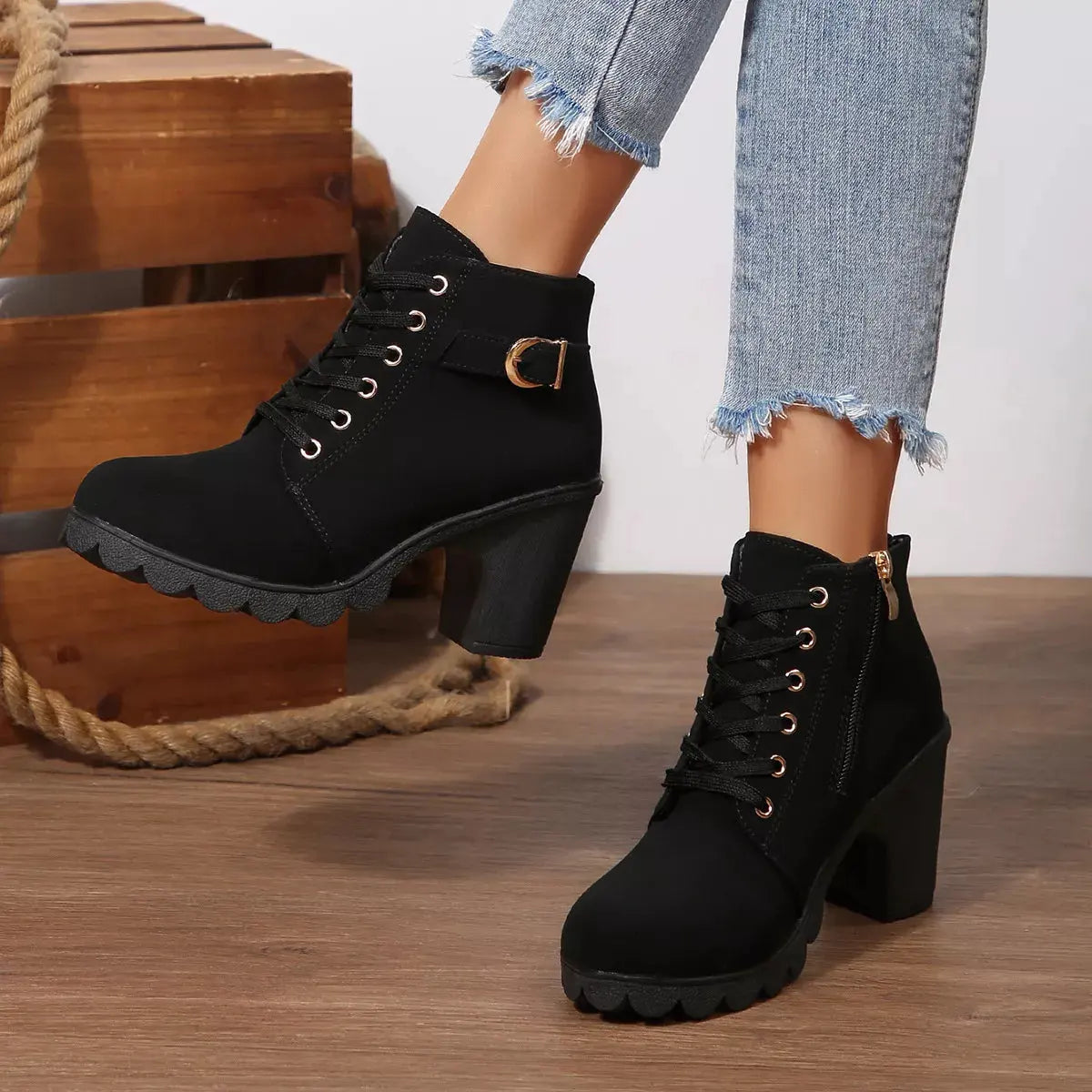 Lace Up Block Heels Boots by Partner Label