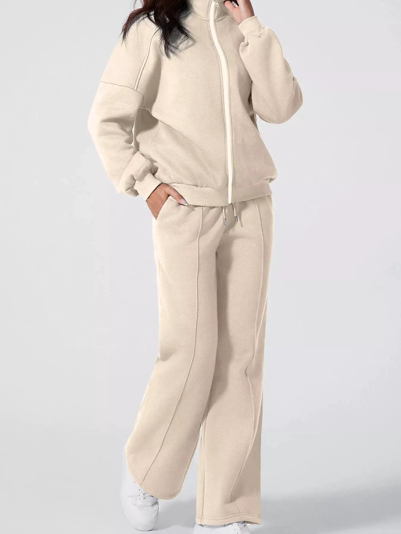 Drop Shoulder Zip Up Jacket and Drawstring Pants Active 2pcs Set by Partner Label