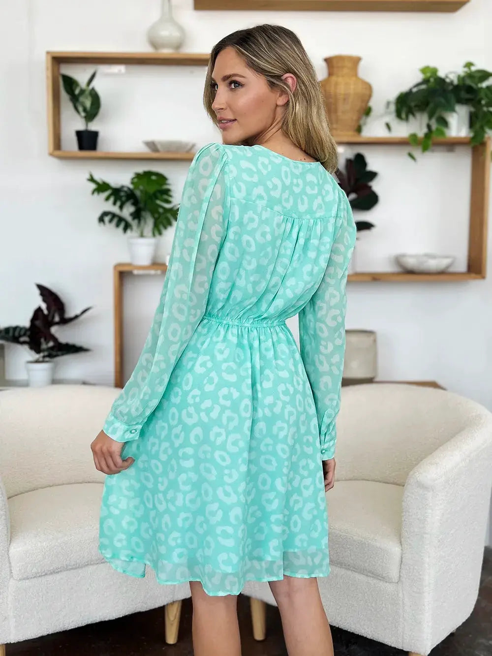 Double Take Full Size Printed Ruched V-Neck Long Sleeve Dress by Double Take