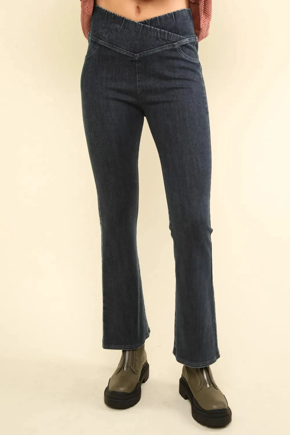 VERY J Washed Denim Stretchy Crossover Waist Leggings by Very J