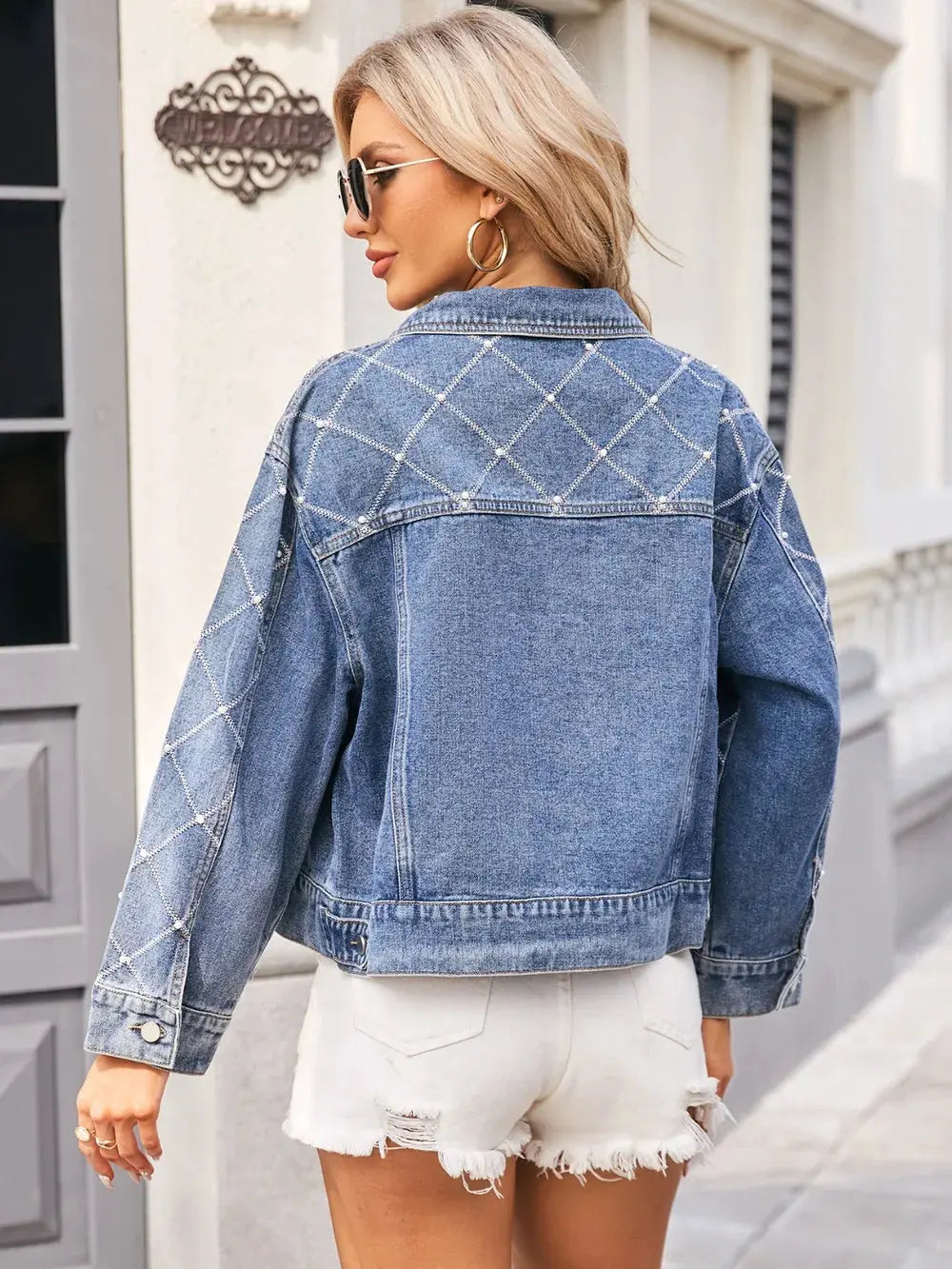 Pearl Trim Long Sleeve Denim Jacket by Partner Label