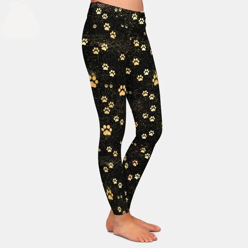 Brands Fashion High Waist Women Black Leggings Dog Paw Pattern by Vimost Shop