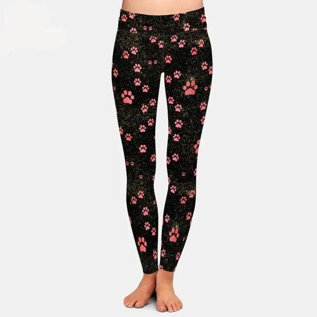 Brands Fashion High Waist Women Black Leggings Dog Paw Pattern by Vimost Shop