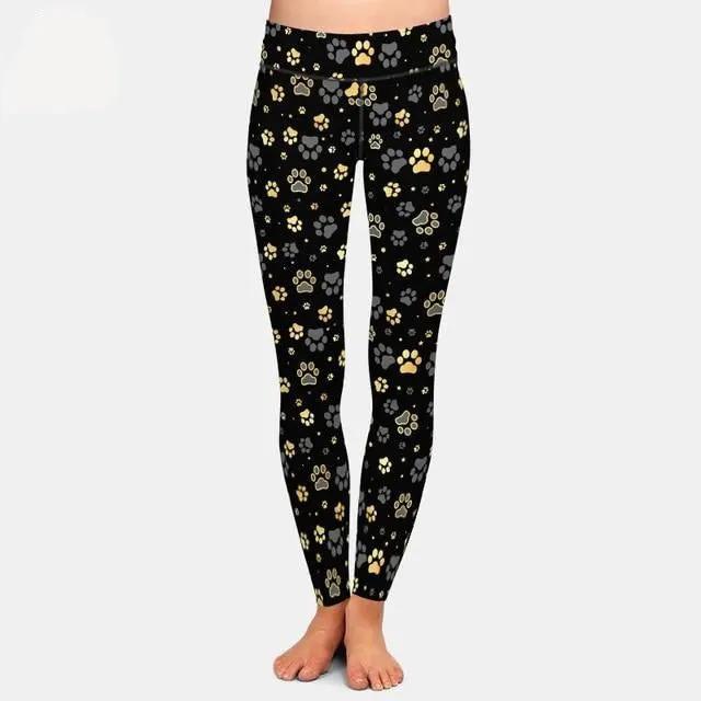 Brands Fashion High Waist Women Black Leggings Dog Paw Pattern by Vimost Shop