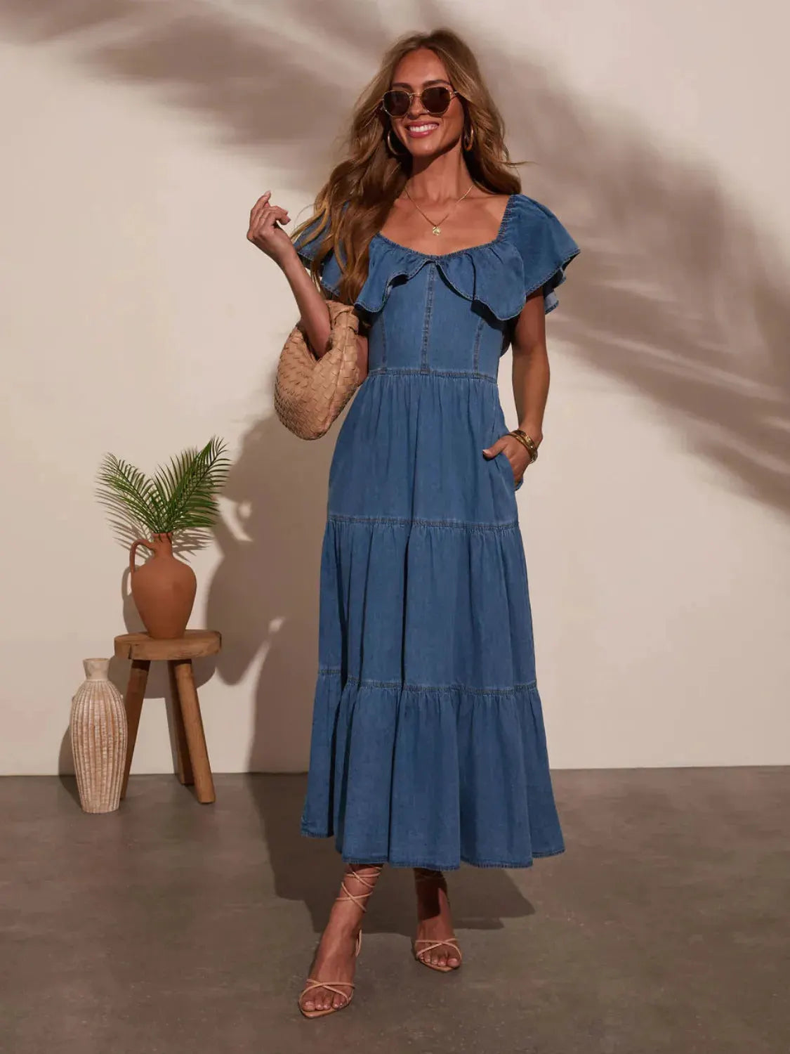 Off Shoulder Ruffle Tiered Denim Dress by Partner Label
