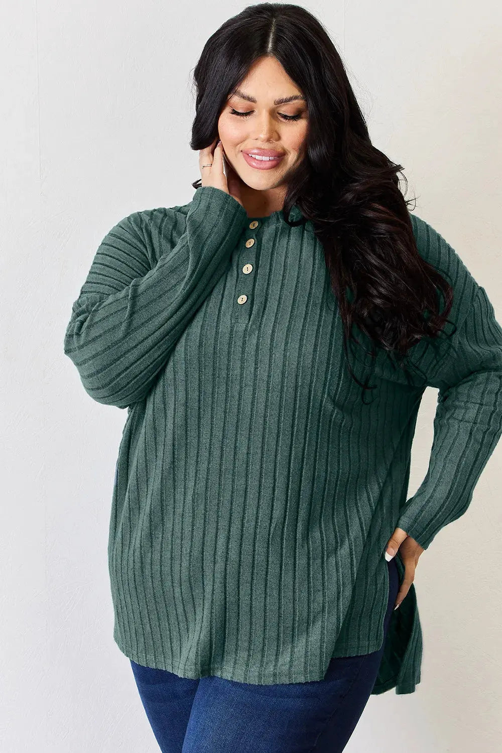 Basic Bae Full Size Ribbed Half Button Long Sleeve High-Low T-Shirt by Basic Bae