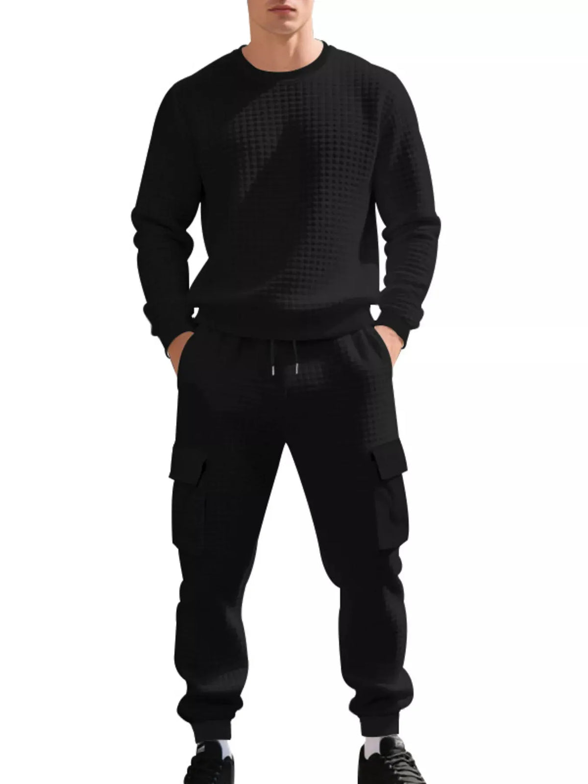 Men's Plus Size Waffle Knit Textured Crewneck Sweatshirt and Jogger Set by Trendsi