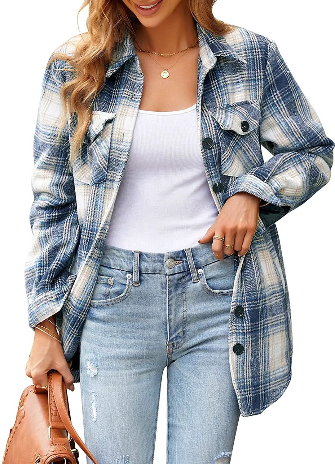 Women Oversized Check Button Shirt Jacket by Maiden-Art
