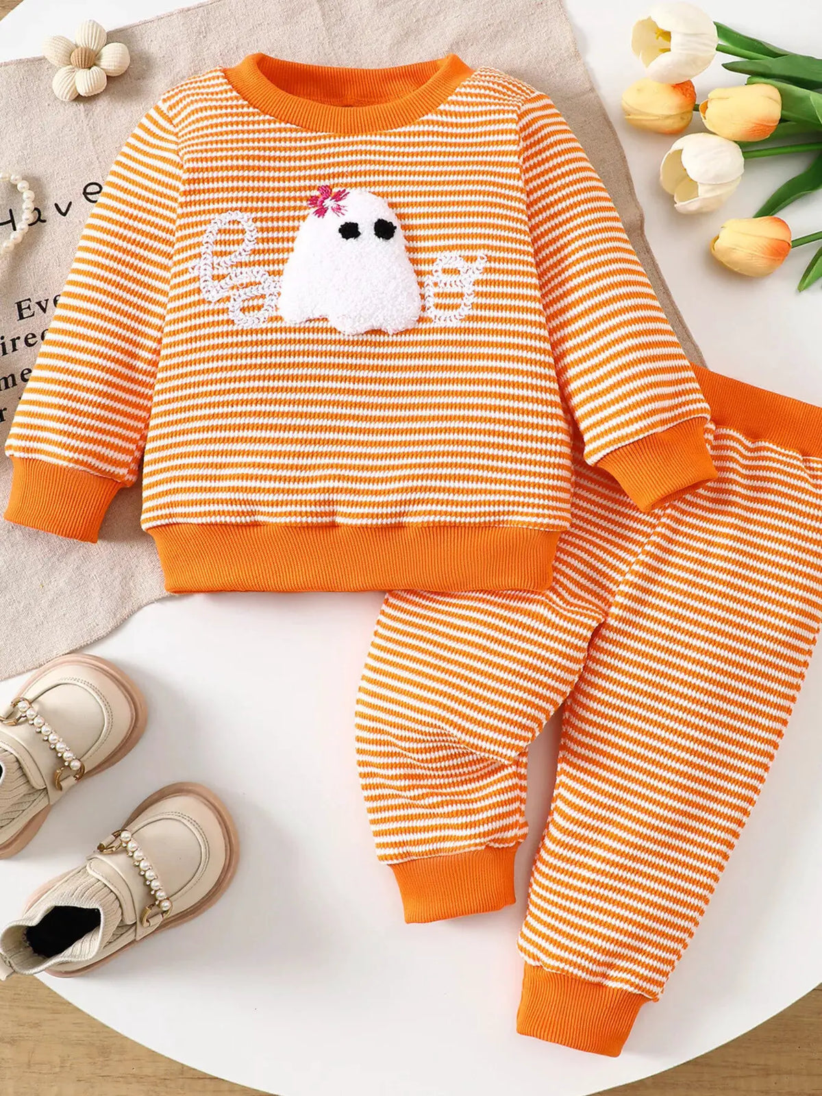 Children's Halloween Striped Ghost Top and Pants Set by Trendsi