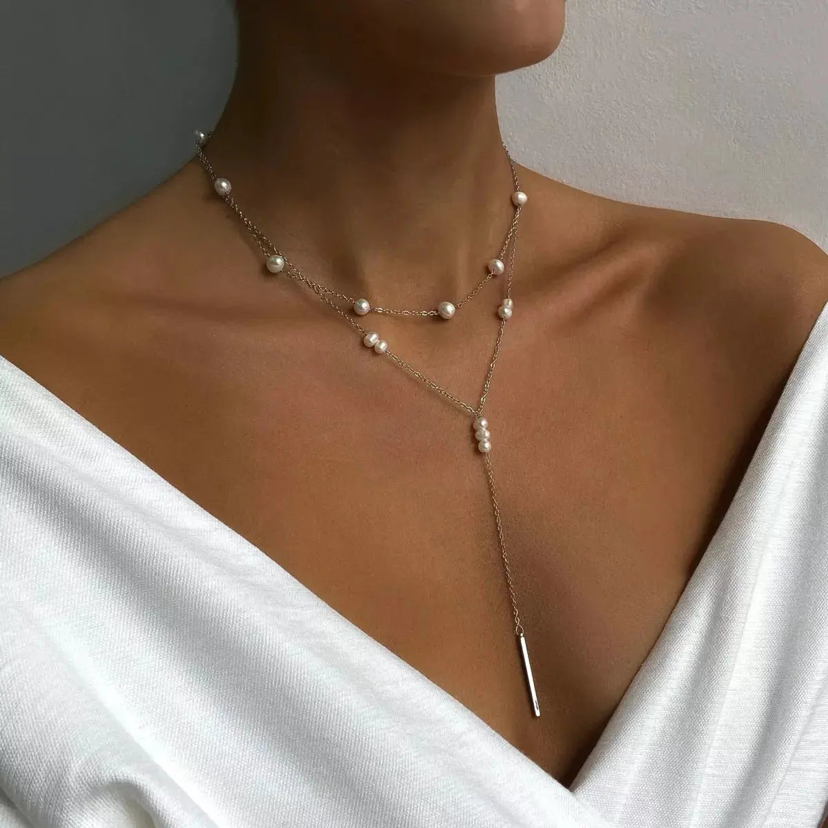 Double Layered Pearl Y-Shaped Necklace by Partner Label