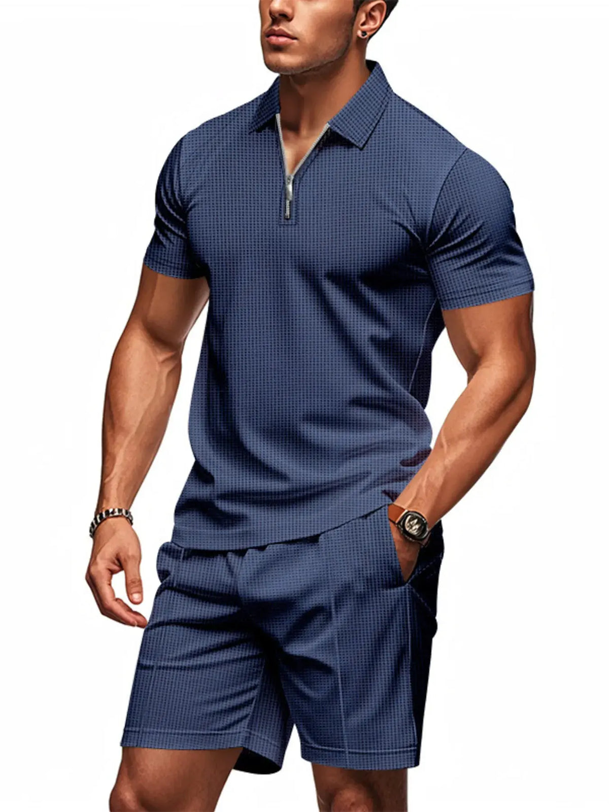 Men's Plus Size Quarter Zip Short Sleeve Top and Shorts Set by Trendsi