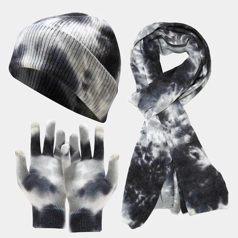 Tie-dye Knitted Hat Gloves Scarf Set Ladies by Maiden-Art