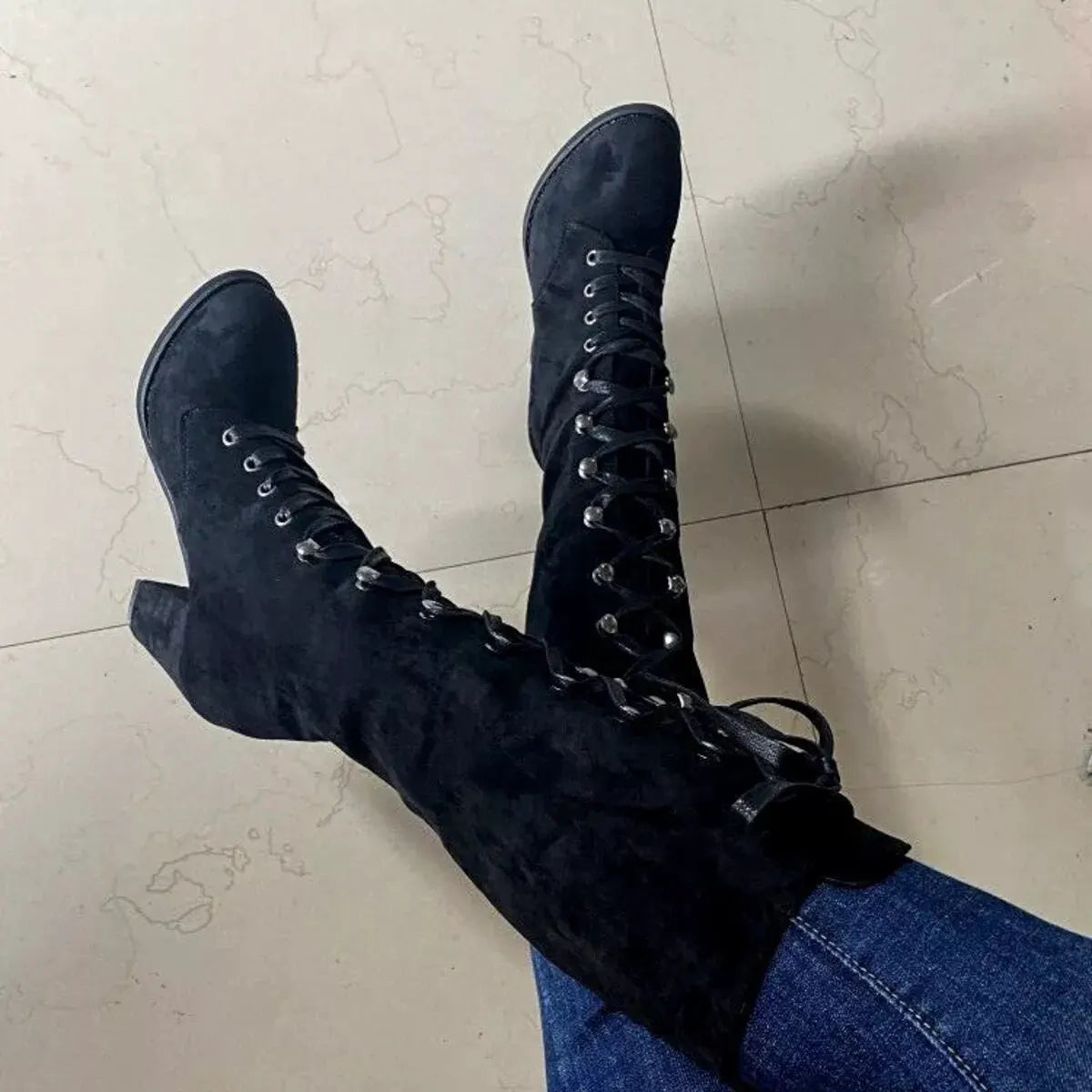 Lace Up Block Heels Boots by Partner Label
