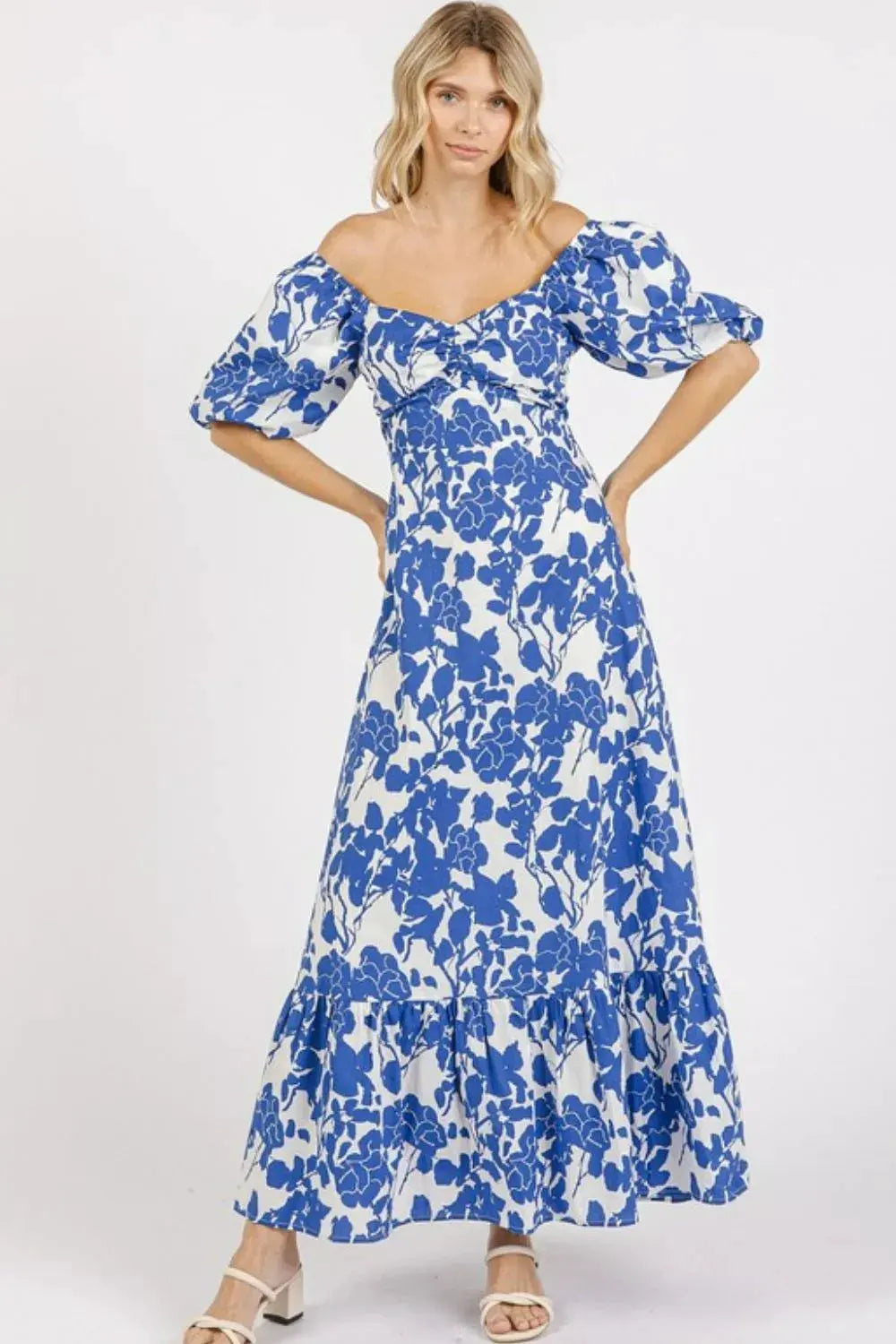 Mittoshop Cutout Back Floral Sweetheart Neck Puff Sleeve Dress by Mittoshop