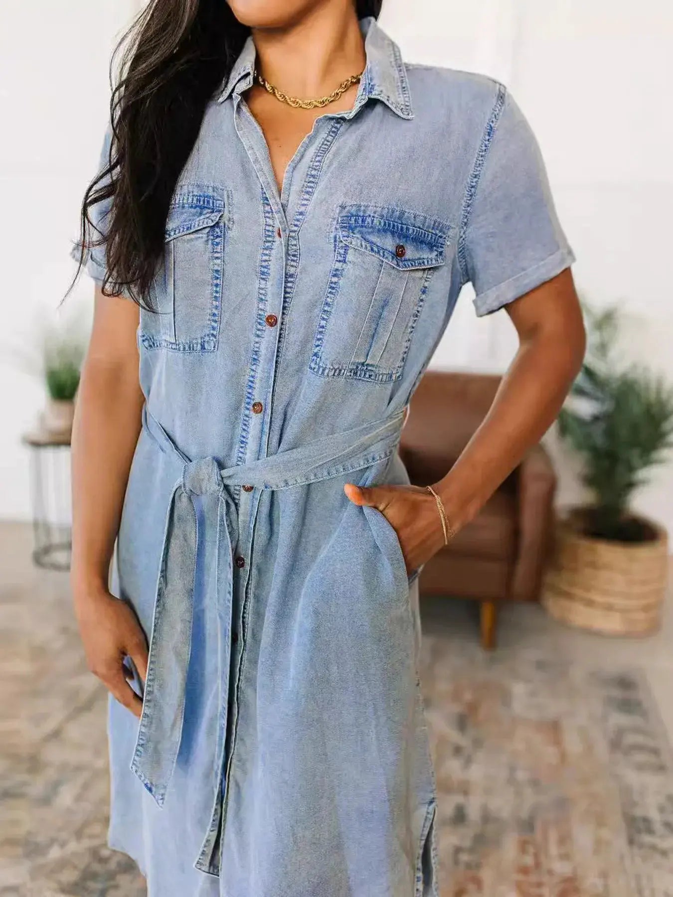 Button Front Short Sleeve Denim Dress by Partner Label