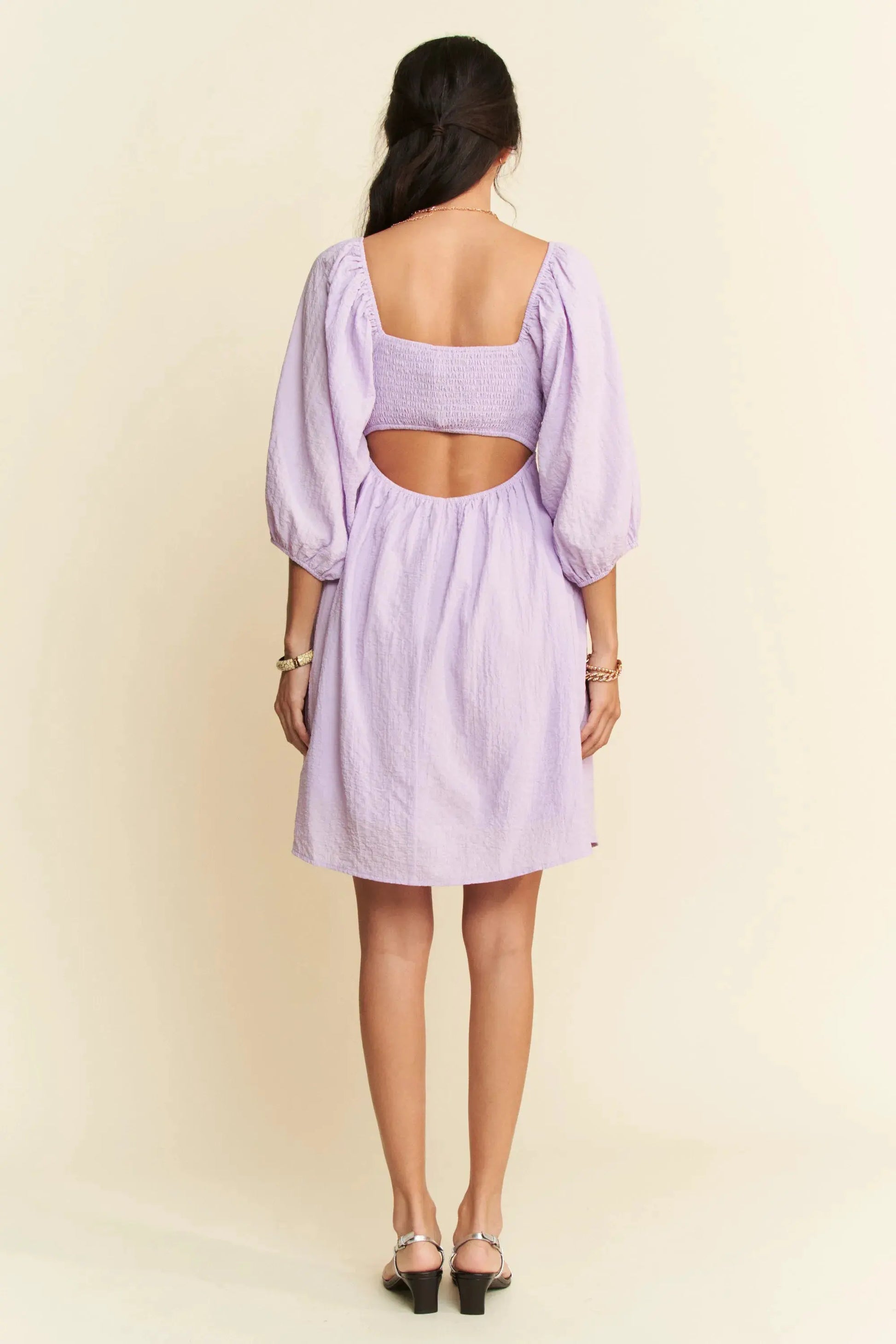 Davi & Dani Self-Tie Puff Sleeve Smocking Open Back Mini Dress by Davi & Dani