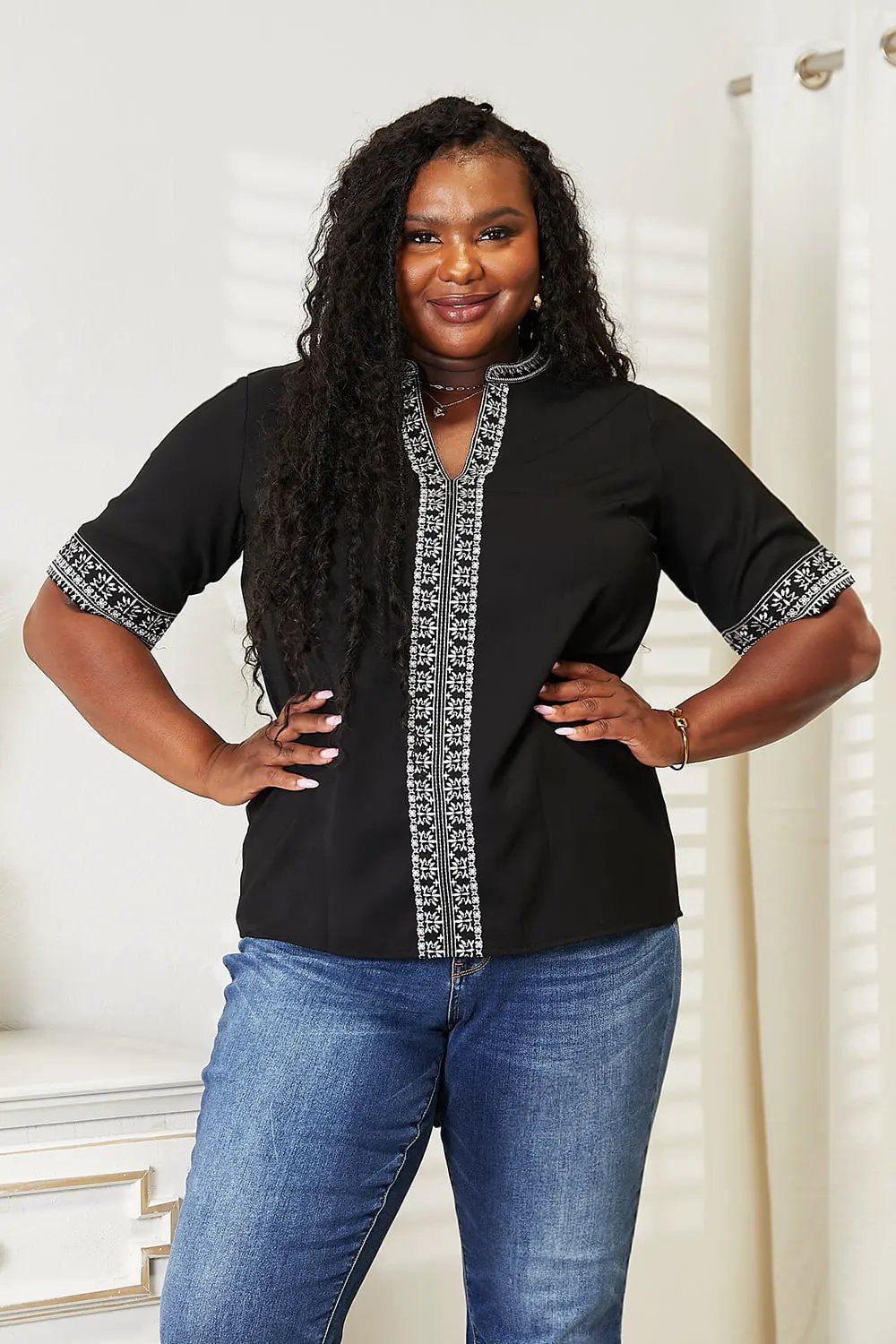 Double Take Embroidered Notched Neck Top by Partner Label