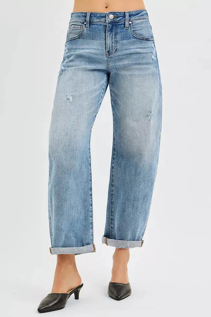 RISEN Full Size Slouchy Ankle Length Barrel Jeans with Cuffs Plus Size by RISEN