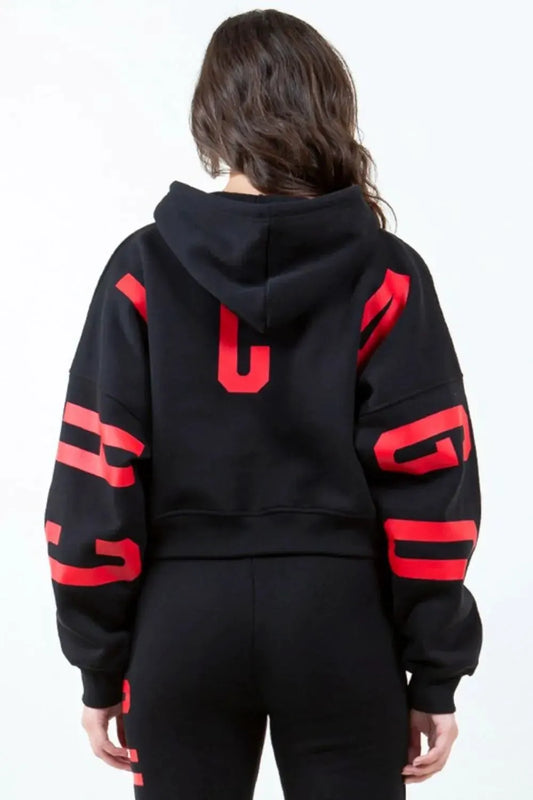 American Bazi Letter Graphic Long Sleeve Drawstring Cropped Hoodie by American Bazi