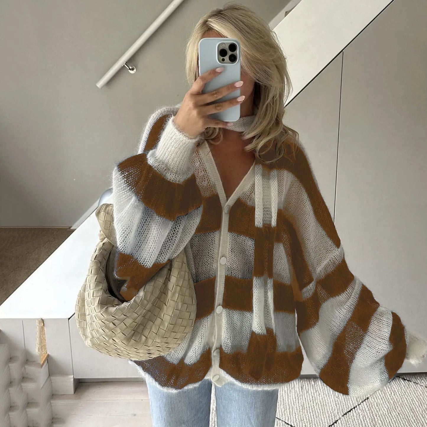 Loose And Idle Striped Sweater Cardigan With Scarf by Maiden-Art