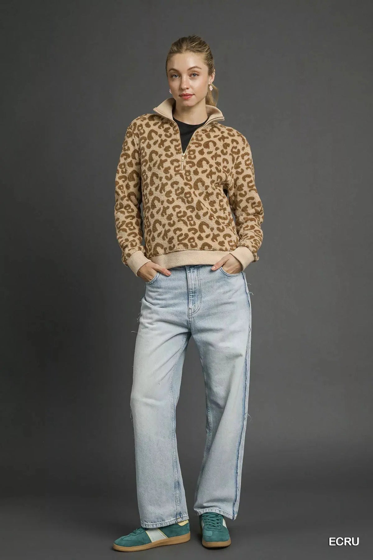 Umgee Leopard Print Quarter-Zip Sweatshirt by Umgee