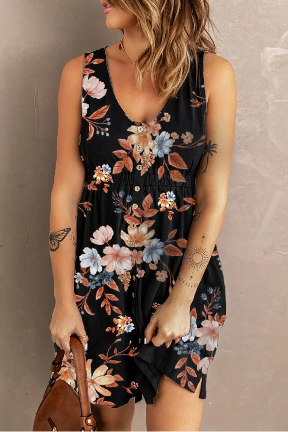 Double Take Printed Scoop Neck Sleeveless Buttoned Magic Dress with Pockets by Double Take