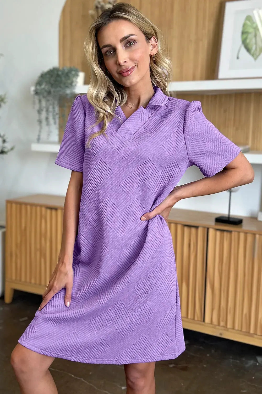 Double Take Full Size Texture Collared Neck Short Sleeve Dress by Double Take