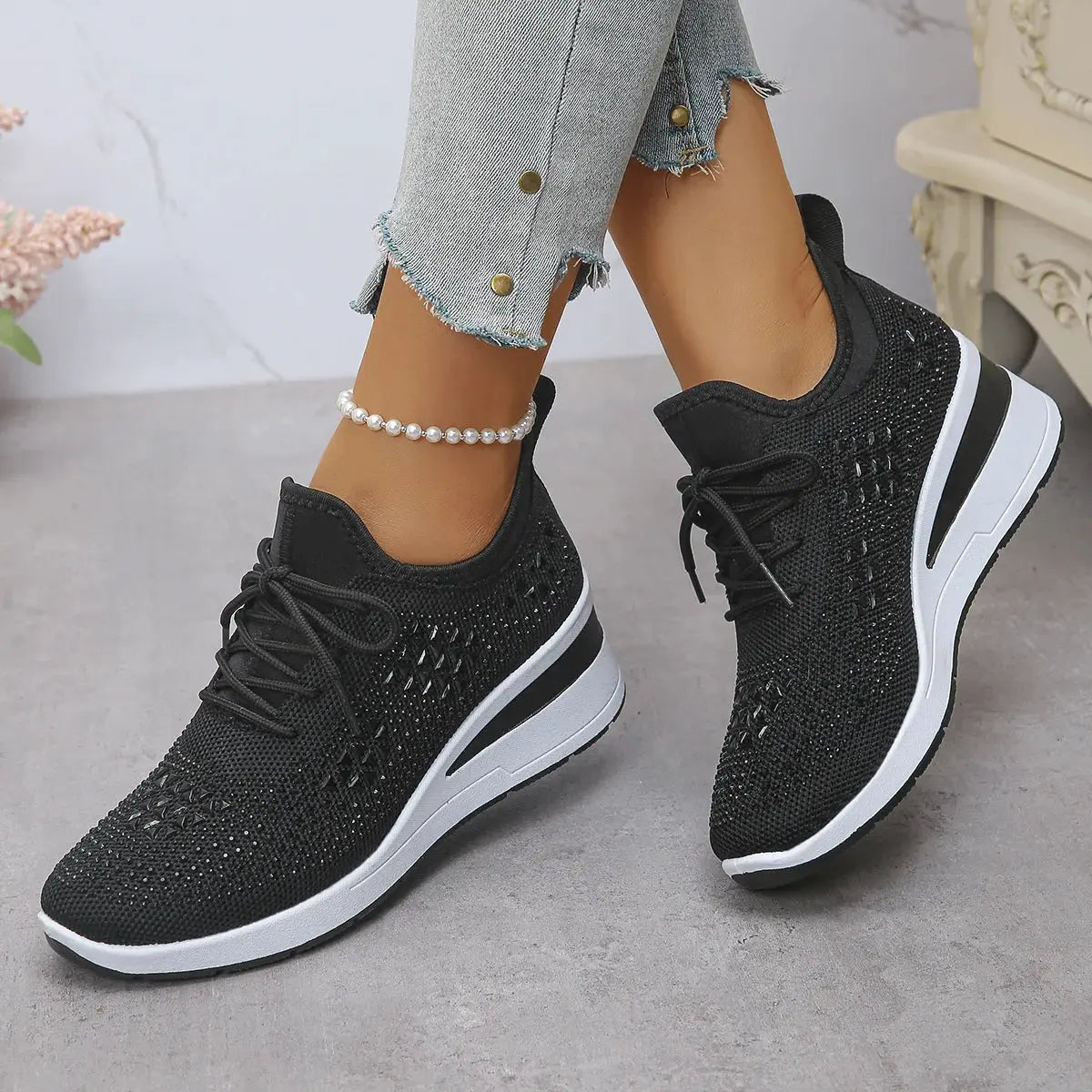 Breathable Mesh Rhinestone Wedge Athletic Sneakers by Partner Label