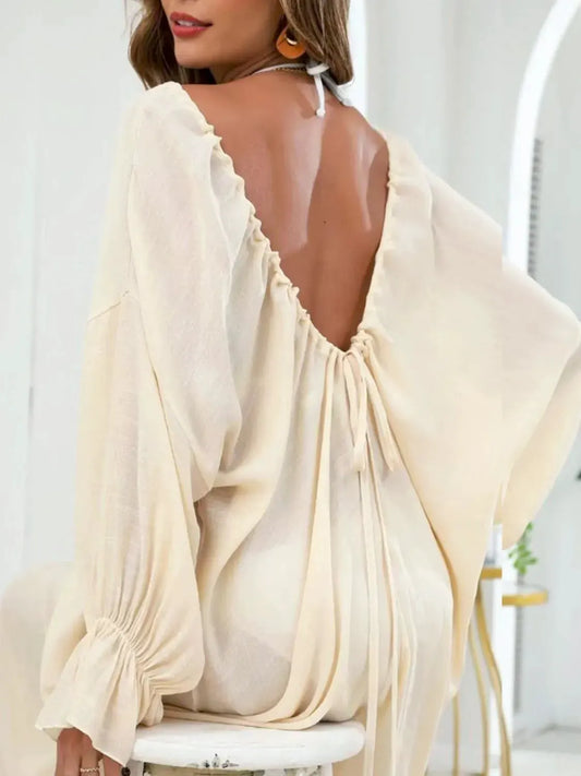 Backless Drawstring Back Flounce Sleeve Cover-Up by Partner Labels