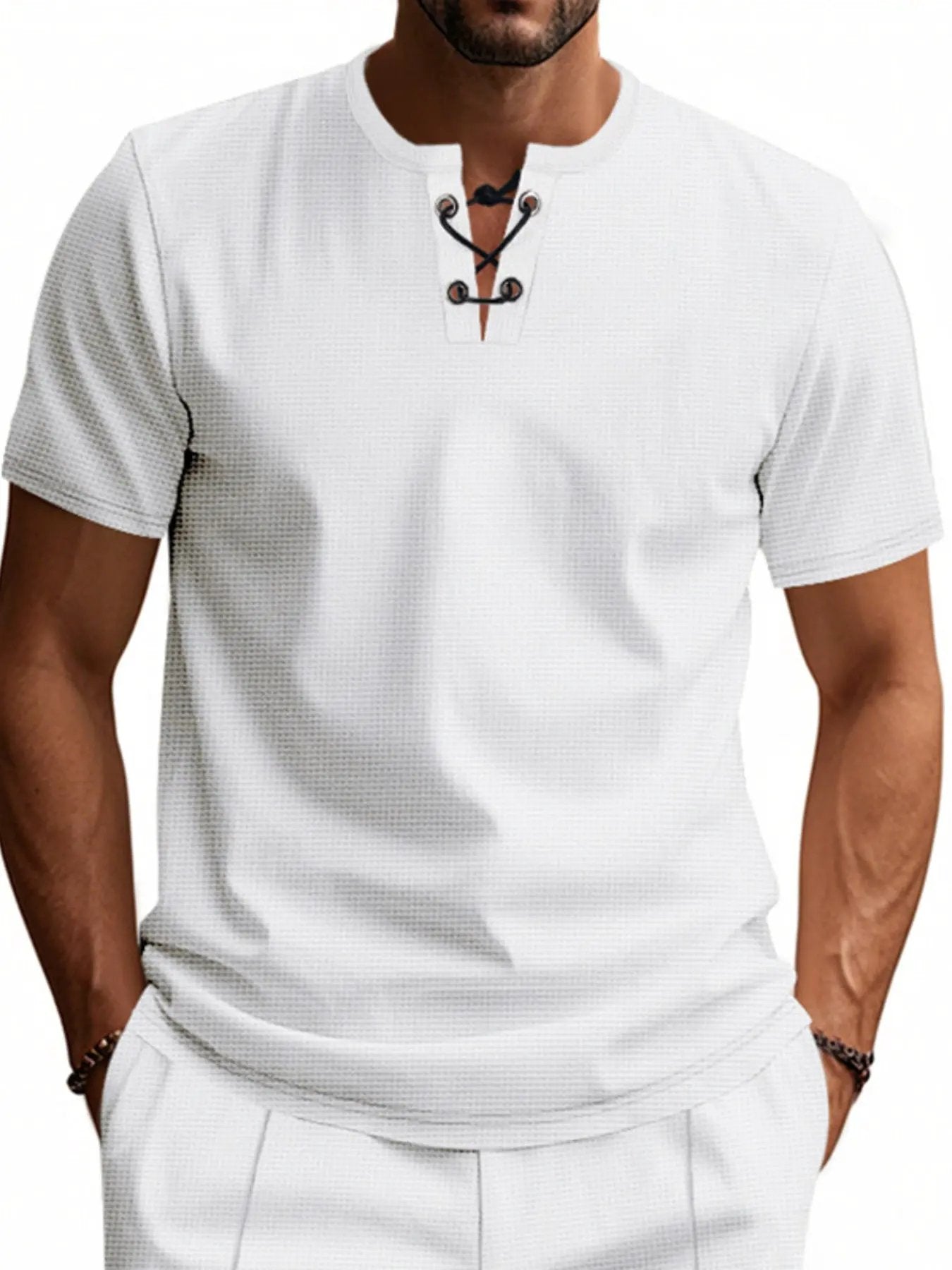 Men's Full Size Lace-Up Neck T-Shirt Plus Size by Trendsi