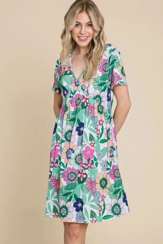 BOMBOM Ruched Floral V-Neck Short Sleeve Dress by BOMBOM