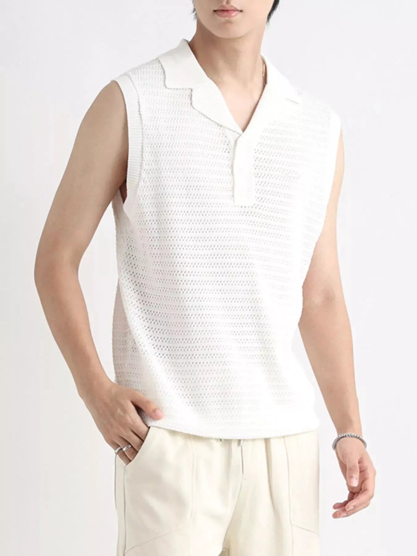 Men's Plus Size Breathable Knit Polo Collar Tank by Trendsi