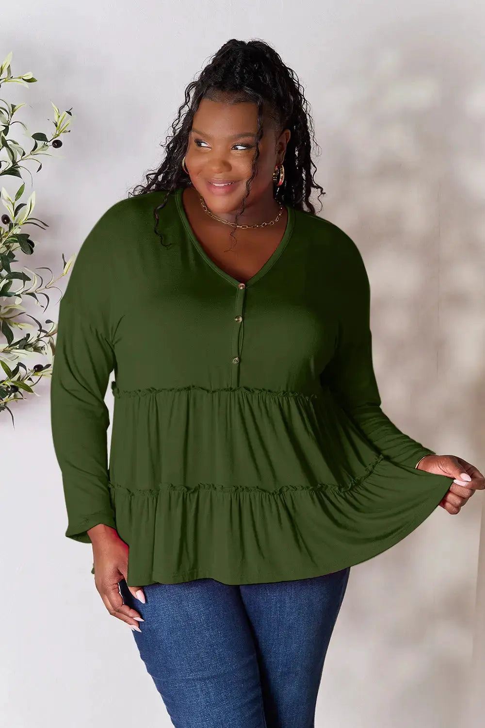 Double Take Half Button Long Sleeve Ruffle Hem Blouse by Double Take