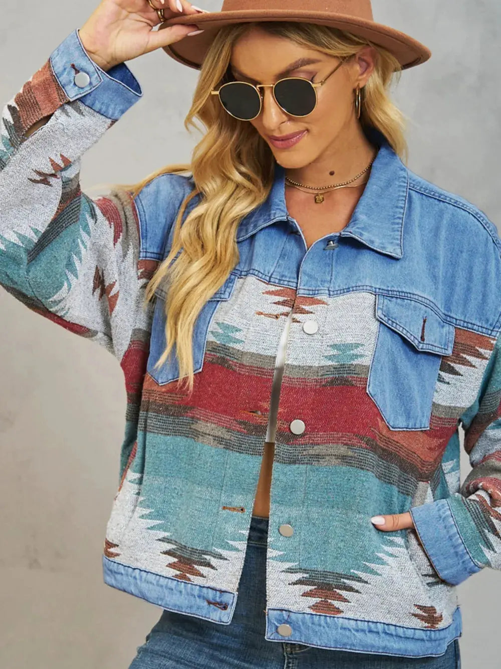 Geometric Button Up Dropped Shoulder Denim Jacket by Partner Label