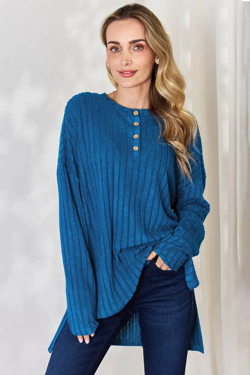 Basic Bae Full Size Ribbed Half Button Long Sleeve High-Low T-Shirt by Basic Bae